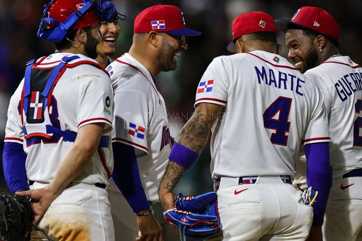 SANTO DOMINGO, DOMINICAN REPUBLIC - MARCH 03: Manager Albert Pujols and Vladimir Guerrero Jr. #27 of the Dominican Republic react during a mound visit during an exhibition game against the Detroit Tigers at Estadio Quisqueya on March 03, 2026 in Santo Domingo, Dominican Republic. (Photo by Bryan Bennett/Getty Images)