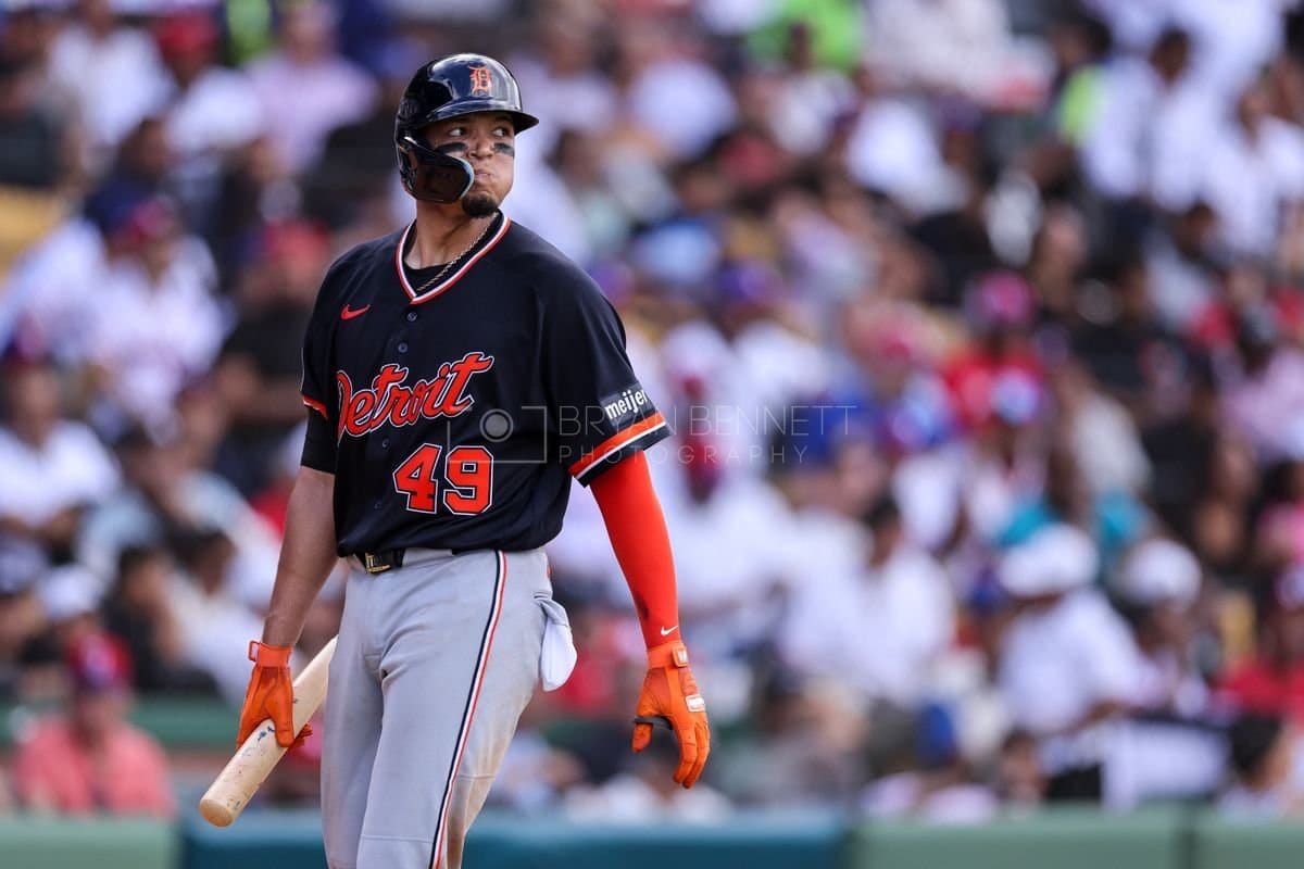 SANTO DOMINGO, DOMINICAN REPUBLIC - MARCH 04: Thayron Liranzo #49 of the Detroit Tigers looks on during an exhibition game against the Dominican Republic at Estadio Quisqueya on March 04, 2026 in Santo Domingo, Dominican Republic. (Photo by Bryan Bennett/Getty Images)