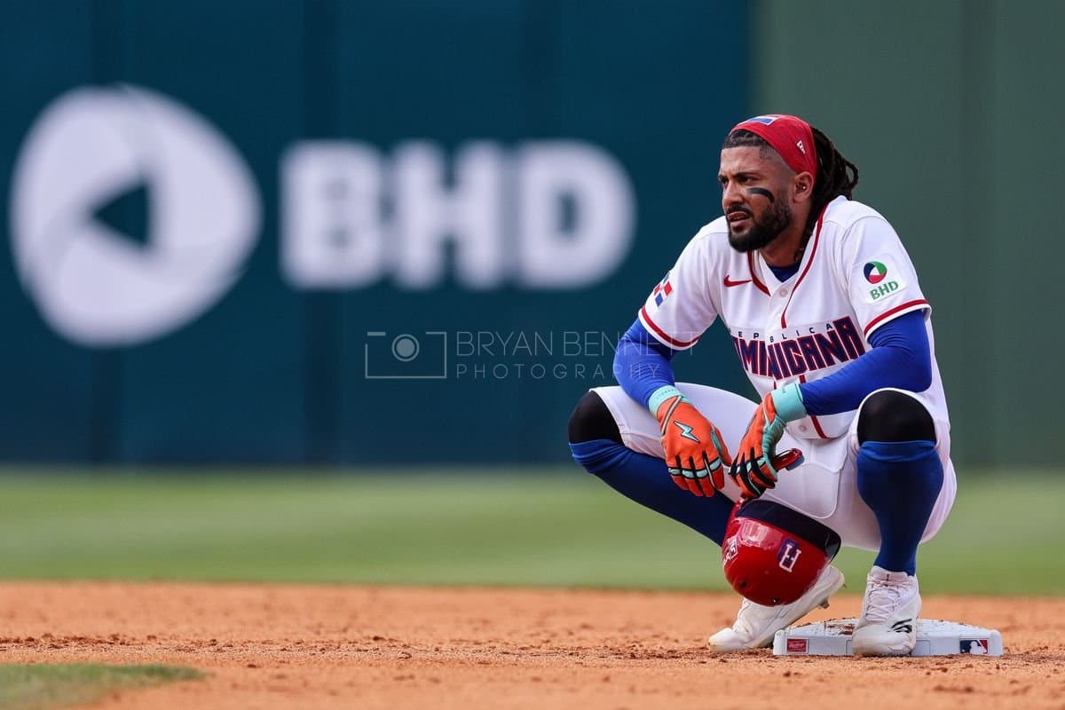 SANTO DOMINGO, DOMINICAN REPUBLIC - MARCH 04: Fernando Tatis Jr. #23 of the Dominican Republic looks on during an exhibition game against the Detroit Tigers at Estadio Quisqueya on March 04, 2026 in Santo Domingo, Dominican Republic. (Photo by Bryan Bennett/Getty Images)