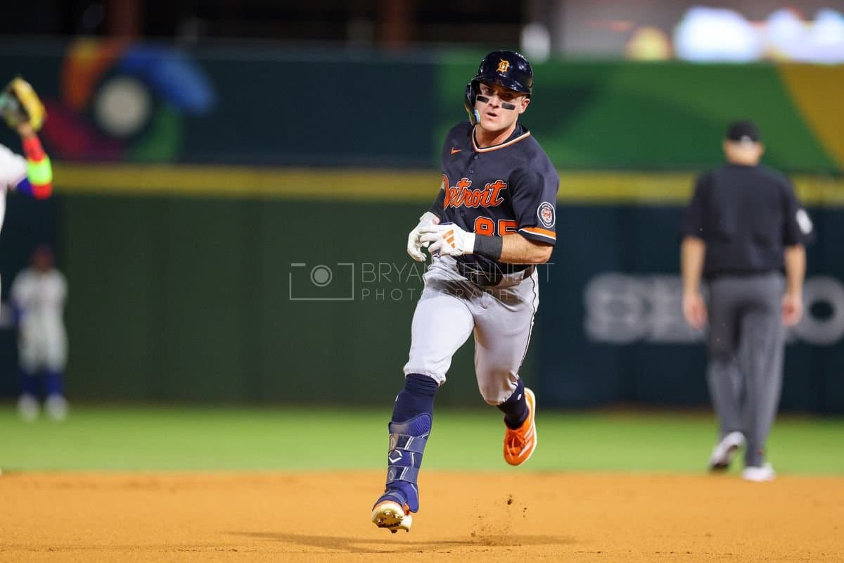 SANTO DOMINGO, DOMINICAN REPUBLIC - MARCH 03: Kevin McGonigle #85 of the Detroit Tigers looks on during an exhibition game against the Dominican Republic at Estadio Quisqueya on March 03, 2026 in Santo Domingo, Dominican Republic. (Photo by Bryan Bennett/Getty Images)