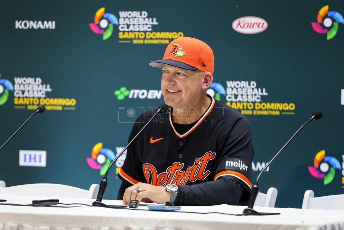 SANTO DOMINGO, DOMINICAN REPUBLIC - MARCH 04: Manager A.J. Hinch of the Detroit Tigers speaks with media after an exhibition game against the Dominican Republic at Estadio Quisqueya on March 04, 2026 in Santo Domingo, Dominican Republic. (Photo by Bryan Bennett/Getty Images)