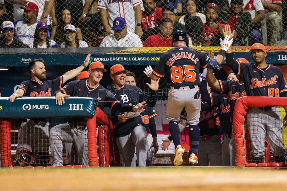 SANTO DOMINGO, DOMINICAN REPUBLIC - MARCH 03: Detroit Tigers react after Kevin McGonigle #85 hit a home run during the first inning of an exhibition game against the Dominican Republic at Estadio Quisqueya on March 03, 2026 in Santo Domingo, Dominican Republic. (Photo by Bryan Bennett/Getty Images)