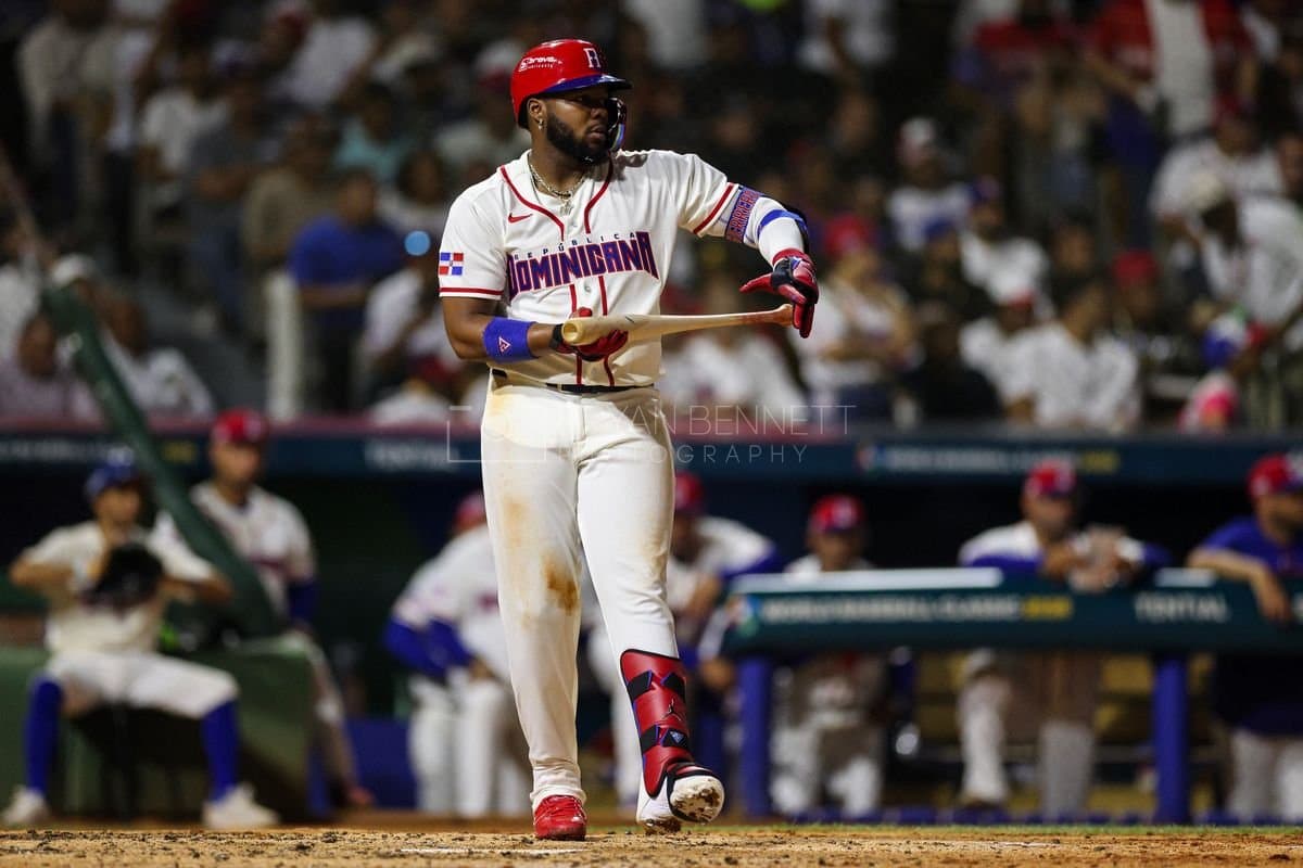 SANTO DOMINGO, DOMINICAN REPUBLIC - MARCH 03: Vladimir Guerrero Jr. #27 of the Dominican Republic looks on during an exhibition game against the Detroit Tigers at Estadio Quisqueya on March 03, 2026 in Santo Domingo, Dominican Republic. (Photo by Bryan Bennett/Getty Images)