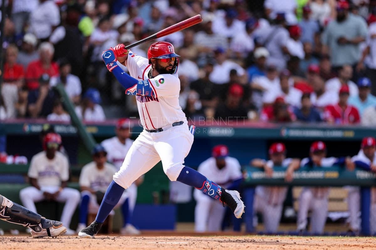 SANTO DOMINGO, DOMINICAN REPUBLIC - MARCH 04: Junior Caminero #13 of the Dominican Republic bats during an exhibition game against the Detroit Tigers at Estadio Quisqueya on March 04, 2026 in Santo Domingo, Dominican Republic. (Photo by Bryan Bennett/Getty Images)