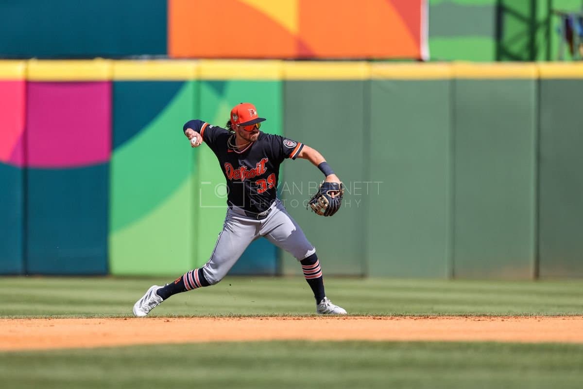 SANTO DOMINGO, DOMINICAN REPUBLIC - MARCH 04: Zach McKinstry #39 of the Detroit Tigers throws a ball during an exhibition game against the Dominican Republic at Estadio Quisqueya on March 04, 2026 in Santo Domingo, Dominican Republic. (Photo by Bryan Bennett/Getty Images)