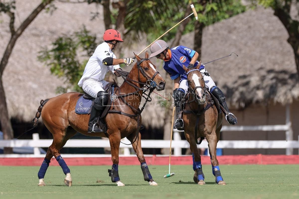 La Romanza 3J and La Espada Gulf play polo during the Copa Britanica at Casa de Campo Polo Club in La Romana, Dominican Republic on March 6, 2026. (Photos by Bryan Bennett)