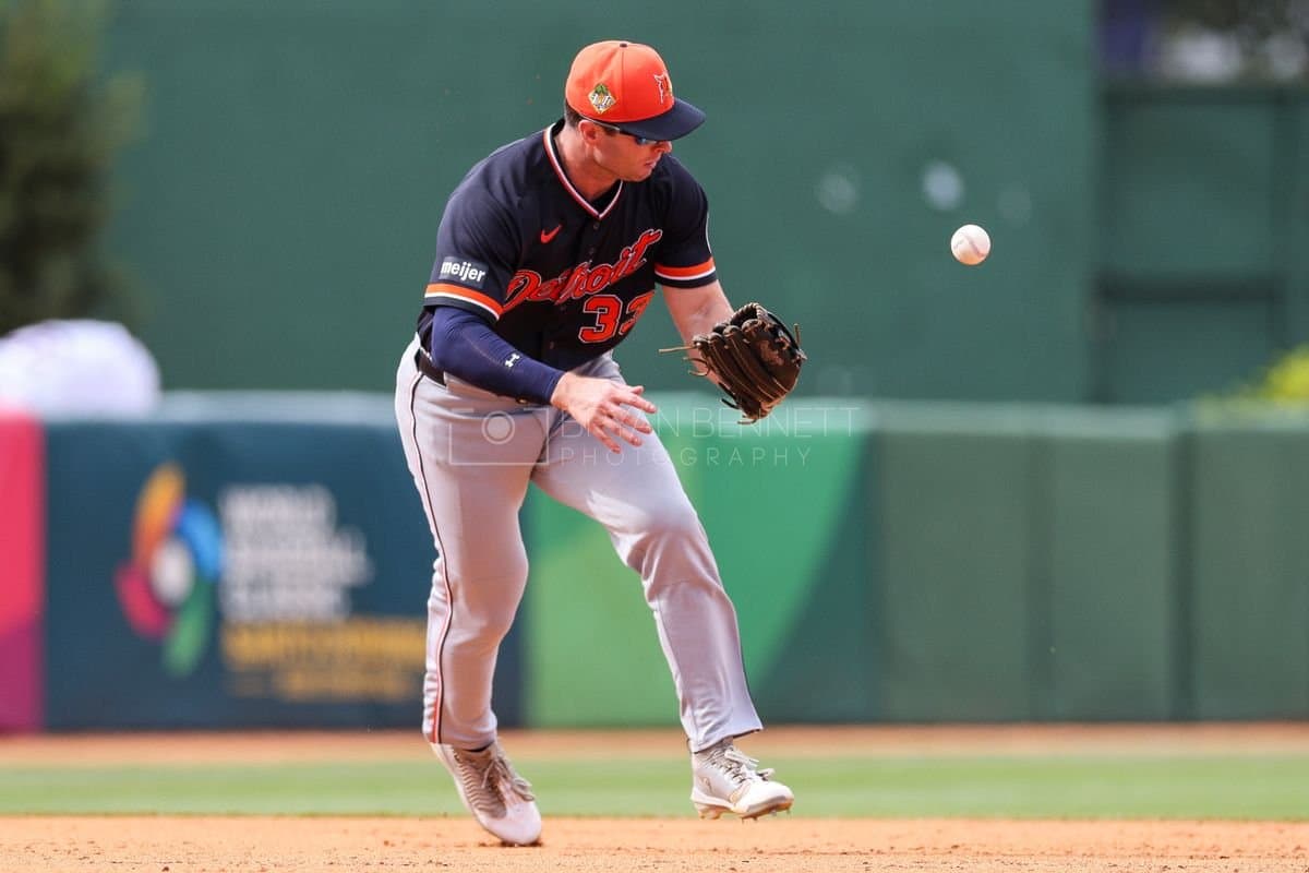 SANTO DOMINGO, DOMINICAN REPUBLIC - MARCH 04: Colt Keith #33 of the Detroit Tigers errors during the third inning of an exhibition game against the Dominican Republic at Estadio Quisqueya on March 04, 2026 in Santo Domingo, Dominican Republic. (Photo by Bryan M. Bennett/Getty Images)