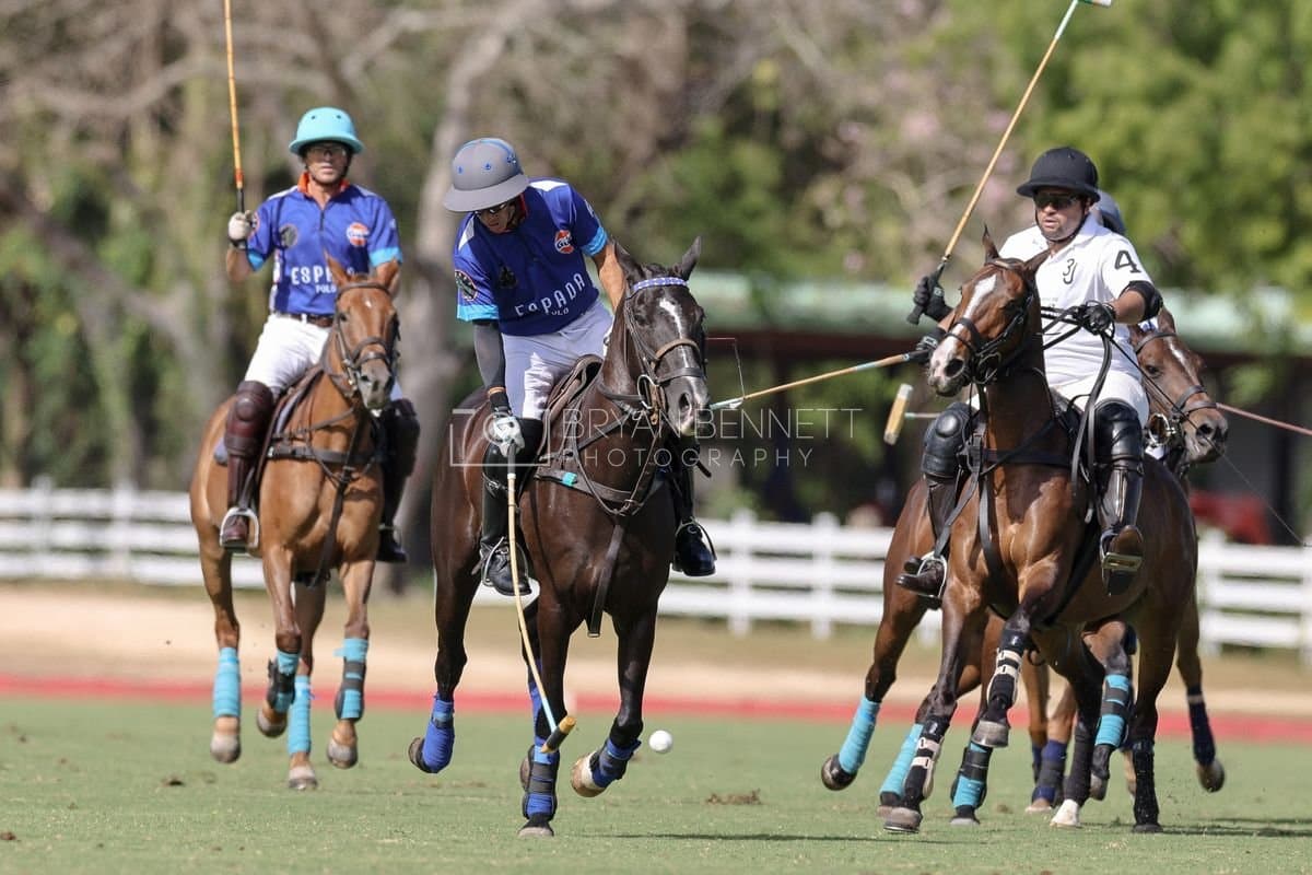 La Romanza 3J and La Espada Gulf play polo during the Copa Britanica at Casa de Campo Polo Club in La Romana, Dominican Republic on March 6, 2026. (Photos by Bryan Bennett)