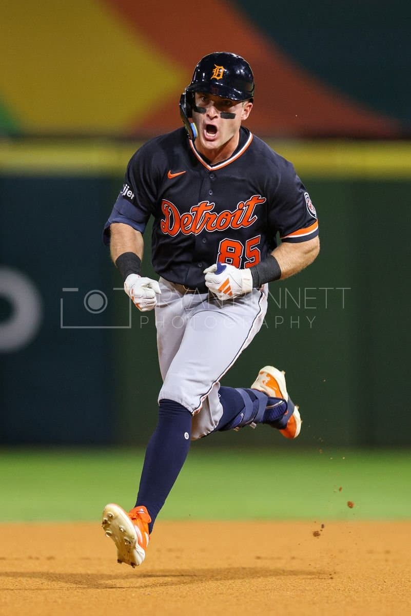 SANTO DOMINGO, DOMINICAN REPUBLIC - MARCH 03: Kevin McGonigle #85 of the Detroit Tigers reacts after hitting a home run during the first inning of an exhibition game against the Dominican Republic at Estadio Quisqueya on March 03, 2026 in Santo Domingo, Dominican Republic. (Photo by Bryan Bennett/Getty Images)