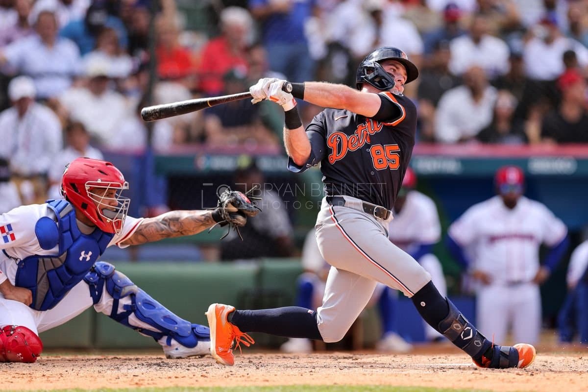 SANTO DOMINGO, DOMINICAN REPUBLIC - MARCH 04: Kevin McGonigle #85 of the Detroit Tigers strikes out during an exhibition game against the Dominican Republic at Estadio Quisqueya on March 04, 2026 in Santo Domingo, Dominican Republic. (Photo by Bryan Bennett/Getty Images)