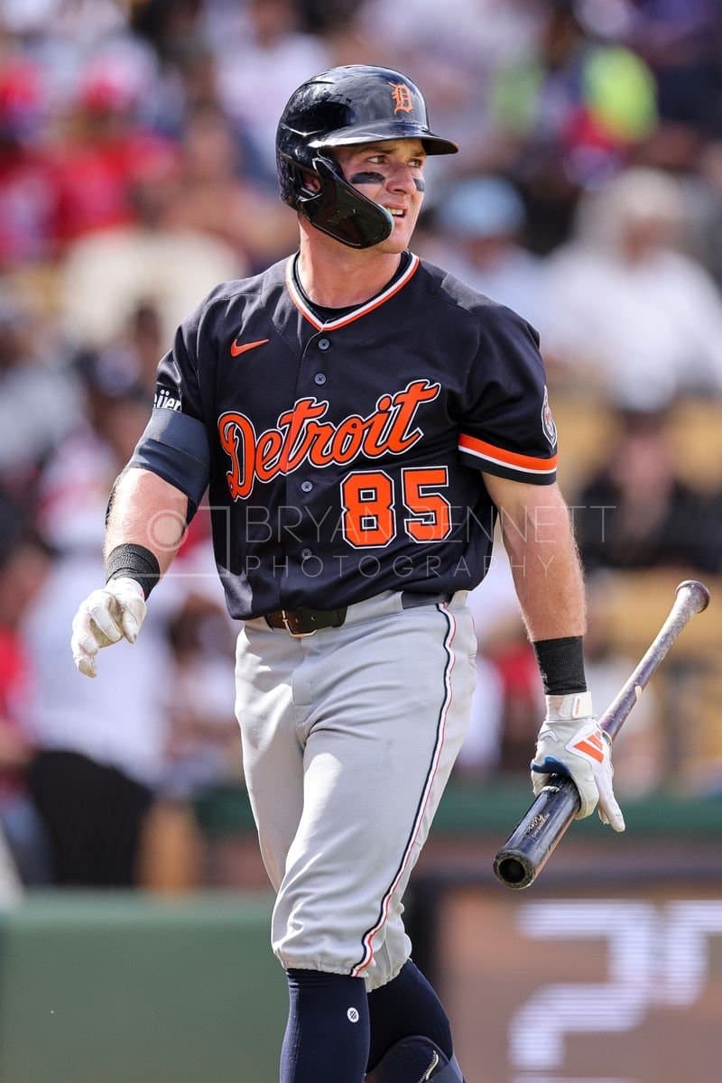 SANTO DOMINGO, DOMINICAN REPUBLIC - MARCH 04: Kevin McGonigle #85 of the Detroit Tigers looks on during an exhibition game against the Dominican Republic at Estadio Quisqueya on March 04, 2026 in Santo Domingo, Dominican Republic. (Photo by Bryan Bennett/Getty Images)