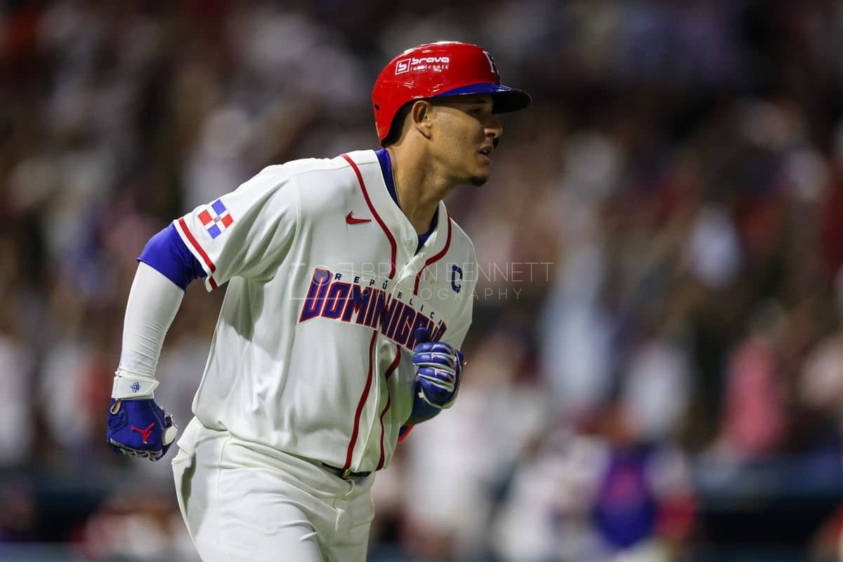 SANTO DOMINGO, DOMINICAN REPUBLIC - MARCH 03: Manny Machado #3 of the Dominican Republic looks on after hitting a home run during the fourth inning of an exhibition game against the Detroit Tigers at Estadio Quisqueya on March 03, 2026 in Santo Domingo, Dominican Republic. (Photo by Bryan Bennett/Getty Images)