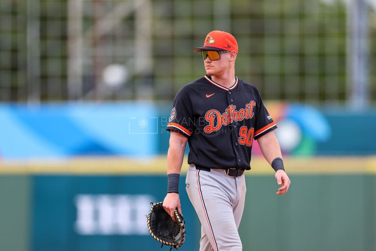 SANTO DOMINGO, DOMINICAN REPUBLIC - MARCH 04: Chris Meyers #90 of the Detroit Tigers looks on during an exhibition game against the Dominican Republic at Estadio Quisqueya on March 04, 2026 in Santo Domingo, Dominican Republic. (Photo by Bryan Bennett/Getty Images)