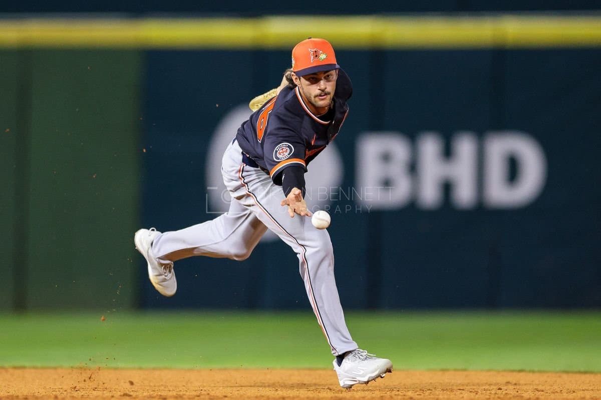 SANTO DOMINGO, DOMINICAN REPUBLIC - MARCH 03: Woody Hadeen #96 of the Detroit Tigers tosses a ball during the seventh inning against the Dominican Republic at Estadio Quisqueya on March 03, 2026 in Santo Domingo, Dominican Republic. (Photo by Bryan M. Bennett/Getty Images)