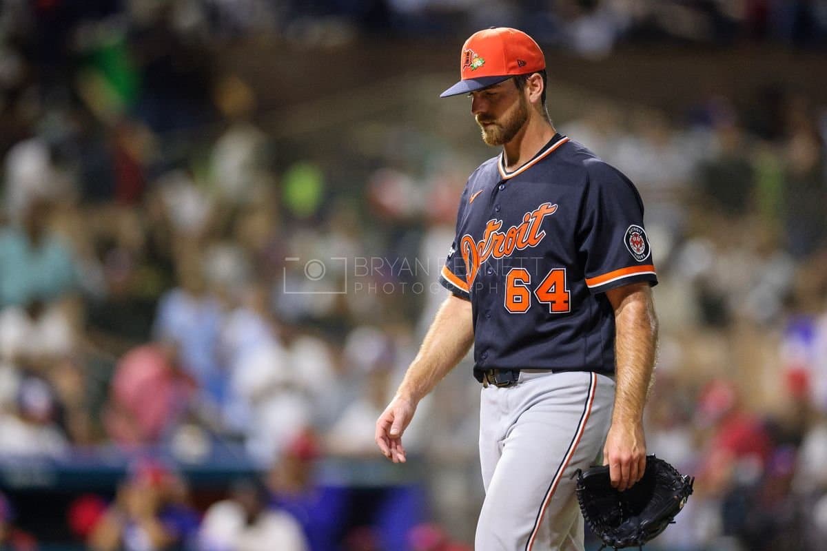 SANTO DOMINGO, DOMINICAN REPUBLIC - MARCH 03: Bryan Sammons #64 of the Detroit Tigers looks on during an exhibition game against the Dominican Republic at Estadio Quisqueya on March 03, 2026 in Santo Domingo, Dominican Republic. (Photo by Bryan Bennett/Getty Images)