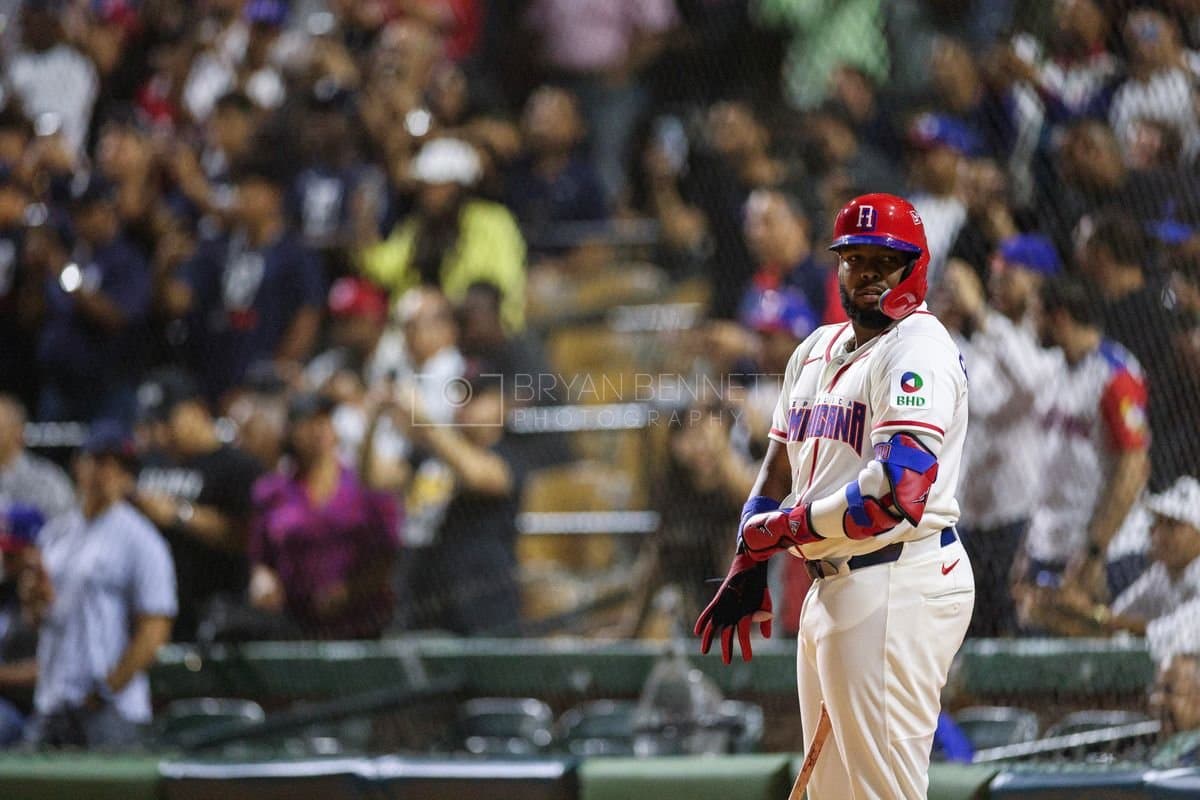 SANTO DOMINGO, DOMINICAN REPUBLIC - MARCH 03: Vladimir Guerrero Jr. #27 of the Dominican Republic looks on during an exhibition game against the Detroit Tigers at Estadio Quisqueya on March 03, 2026 in Santo Domingo, Dominican Republic. (Photo by Bryan Bennett/Getty Images)