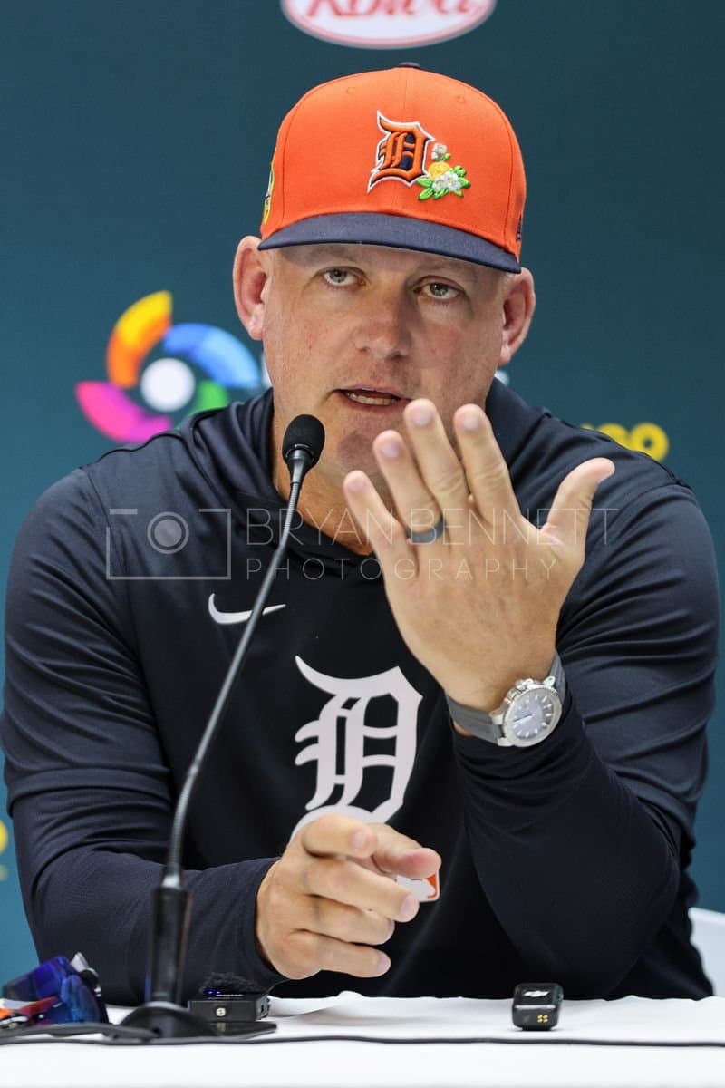 SANTO DOMINGO, DOMINICAN REPUBLIC - MARCH 04: Manager A.J. Hinch of the Detroit Tigers speaks with media prior to an exhibition game against the Dominican Republic at Estadio Quisqueya on March 04, 2026 in Santo Domingo, Dominican Republic. (Photo by Bryan Bennett/Getty Images)