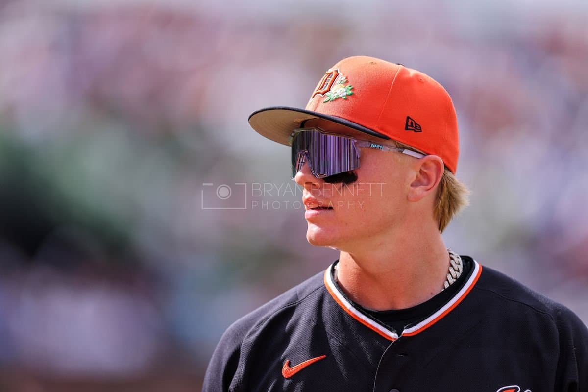 SANTO DOMINGO, DOMINICAN REPUBLIC - MARCH 04: Max Clark #84 of the Detroit Tigers looks on during an exhibition game against the Dominican Republic at Estadio Quisqueya on March 04, 2026 in Santo Domingo, Dominican Republic. (Photo by Bryan Bennett/Getty Images)